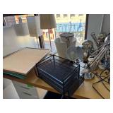 Office Supplies Lot Including Desk Lamps, Tape Dispensers, Staplers, Organizers, and Trash Bins