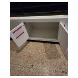 Two Long White Storage Cabinet with Multiple Doors and Metal Handles