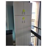Tall White Storage Cabinet with Shelves and Pull-Out Drawers