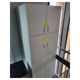 Tall White Storage Cabinet with Shelves and Pull-Out Drawers