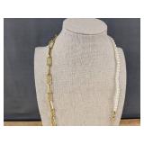 Pearl Look Necklace & Pierced Earrings Set, Gold Tone, 17 in - Brand New