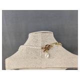 Pearl Look Necklace & Pierced Earrings Set, Gold Tone, 17 in - Brand New