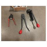 Uline Strapping Tools. Includes Cart with Some Banding, Cutter, Crimper, Tightener, Extra Clips
