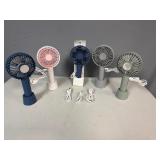Five Portable, Rechargeable, Hand-held Fans with base for use as desktop fan.  Includes USB Charging Cords