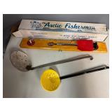 Ice Fishing Necessities - Hand Augger, Two Skimmers/Scoops, and Artic Fisherman Tip Up