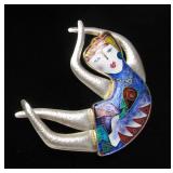 Outstanding Large Signed Figural Modernist Sterling Silver Cloisonné Brooch by CR Dunetz