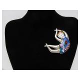 Outstanding Large Signed Figural Modernist Sterling Silver Cloisonné Brooch by CR Dunetz