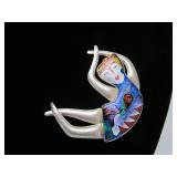 Outstanding Large Signed Figural Modernist Sterling Silver Cloisonné Brooch by CR Dunetz