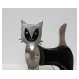 Larger Signed Black & Sterling Silver Cat Brooch