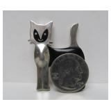 Larger Signed Black & Sterling Silver Cat Brooch