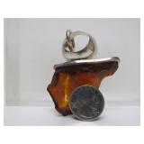 Large Modernist Sterling Silver & Amber Pendant