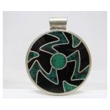 Inlaid Jet Stone & Turquoise Round Sterling Silver Pendant