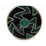Inlaid Jet Stone & Turquoise Round Sterling Silver Pendant