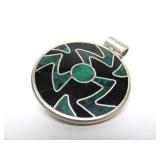 Inlaid Jet Stone & Turquoise Round Sterling Silver Pendant