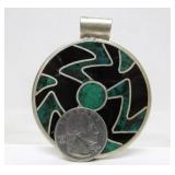 Inlaid Jet Stone & Turquoise Round Sterling Silver Pendant