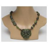 Large & Impressive Aztec/Mayan Style Carved Green Stone Pendant Necklace w/Carved Stone Beads