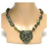 Large & Impressive Aztec/Mayan Style Carved Green Stone Pendant Necklace w/Carved Stone Beads