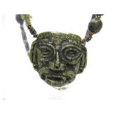 Large & Impressive Aztec/Mayan Style Carved Green Stone Pendant Necklace w/Carved Stone Beads
