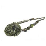 Large & Impressive Aztec/Mayan Style Carved Green Stone Pendant Necklace w/Carved Stone Beads
