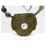 Large & Impressive Aztec/Mayan Style Carved Green Stone Pendant Necklace w/Carved Stone Beads
