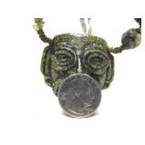 Large & Impressive Aztec/Mayan Style Carved Green Stone Pendant Necklace w/Carved Stone Beads