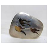 Sterling Silver & Amber Brooch w/Birds