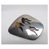 Sterling Silver & Amber Brooch w/Birds