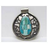 Lovely Vintage Mid Century Turquoise & Sterling Silver Mosaic Pendant