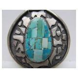 Lovely Vintage Mid Century Turquoise & Sterling Silver Mosaic Pendant