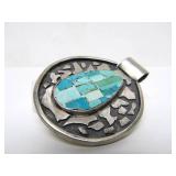 Lovely Vintage Mid Century Turquoise & Sterling Silver Mosaic Pendant