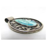 Lovely Vintage Mid Century Turquoise & Sterling Silver Mosaic Pendant
