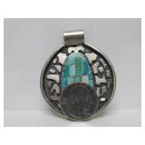 Lovely Vintage Mid Century Turquoise & Sterling Silver Mosaic Pendant