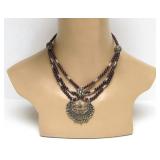 Large Multi Strand Tribal Silver & Garnet Necklace