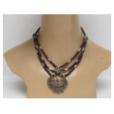 Large Multi Strand Tribal Silver & Garnet Necklace