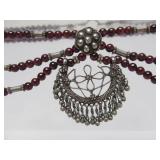 Large Multi Strand Tribal Silver & Garnet Necklace