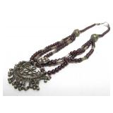 Large Multi Strand Tribal Silver & Garnet Necklace