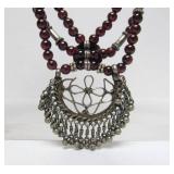 Large Multi Strand Tribal Silver & Garnet Necklace