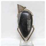 Modernist Sterling Silver & Etched Black Stone Pendant