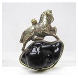 Large Vintage Oriental Horse Pendant w/Large Black Stone
