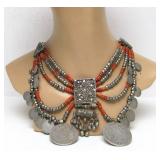 Wonderful Old Yemeni Silver & Coral Necklace w/Many Old Silver Coins