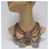 Wonderful Old Yemeni Silver & Coral Necklace w/Many Old Silver Coins