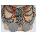 Wonderful Old Yemeni Silver & Coral Necklace w/Many Old Silver Coins