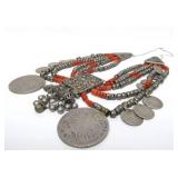 Wonderful Old Yemeni Silver & Coral Necklace w/Many Old Silver Coins