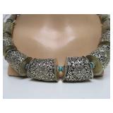 LARGE Nepalese Ornate Metalwork Beaded Necklace w/Turquoise