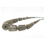 LARGE Nepalese Ornate Metalwork Beaded Necklace w/Turquoise