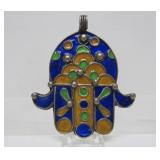 Large Antique Berber Enameled Hamsa Hand Pendant