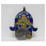 Large Antique Berber Enameled Hamsa Hand Pendant