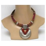 Large & Lovely Vintage Woven Thread Necklace w/Hammered Silver Pendant