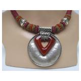 Large & Lovely Vintage Woven Thread Necklace w/Hammered Silver Pendant
