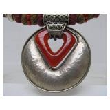 Large & Lovely Vintage Woven Thread Necklace w/Hammered Silver Pendant